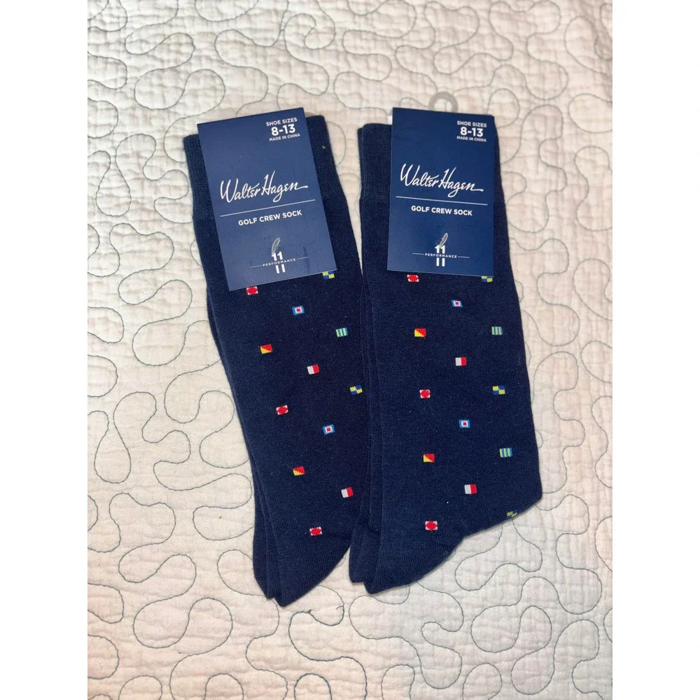 Walter Hagen Mens Navy Nautical Signal Flag Golf Crew Socks 2 Pairs Size 8-13